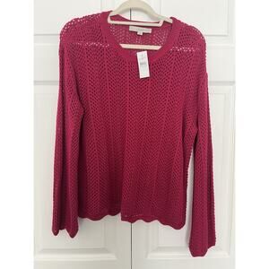 NWT LOFT Scalloped Pointelle Flare Sleeve Sweater In Bright Wine Size Medium